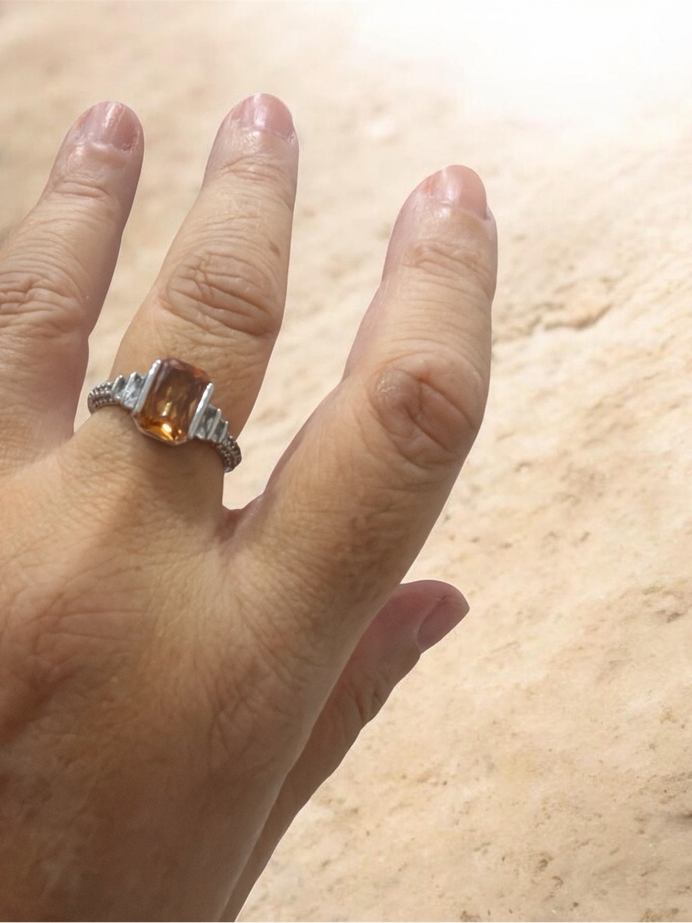Sterling-Style Ring with Rectangular Amber-Colored Stone - Amber